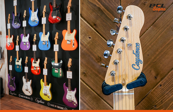 Caydence Guitars with dry transfer logo and their display of unique
